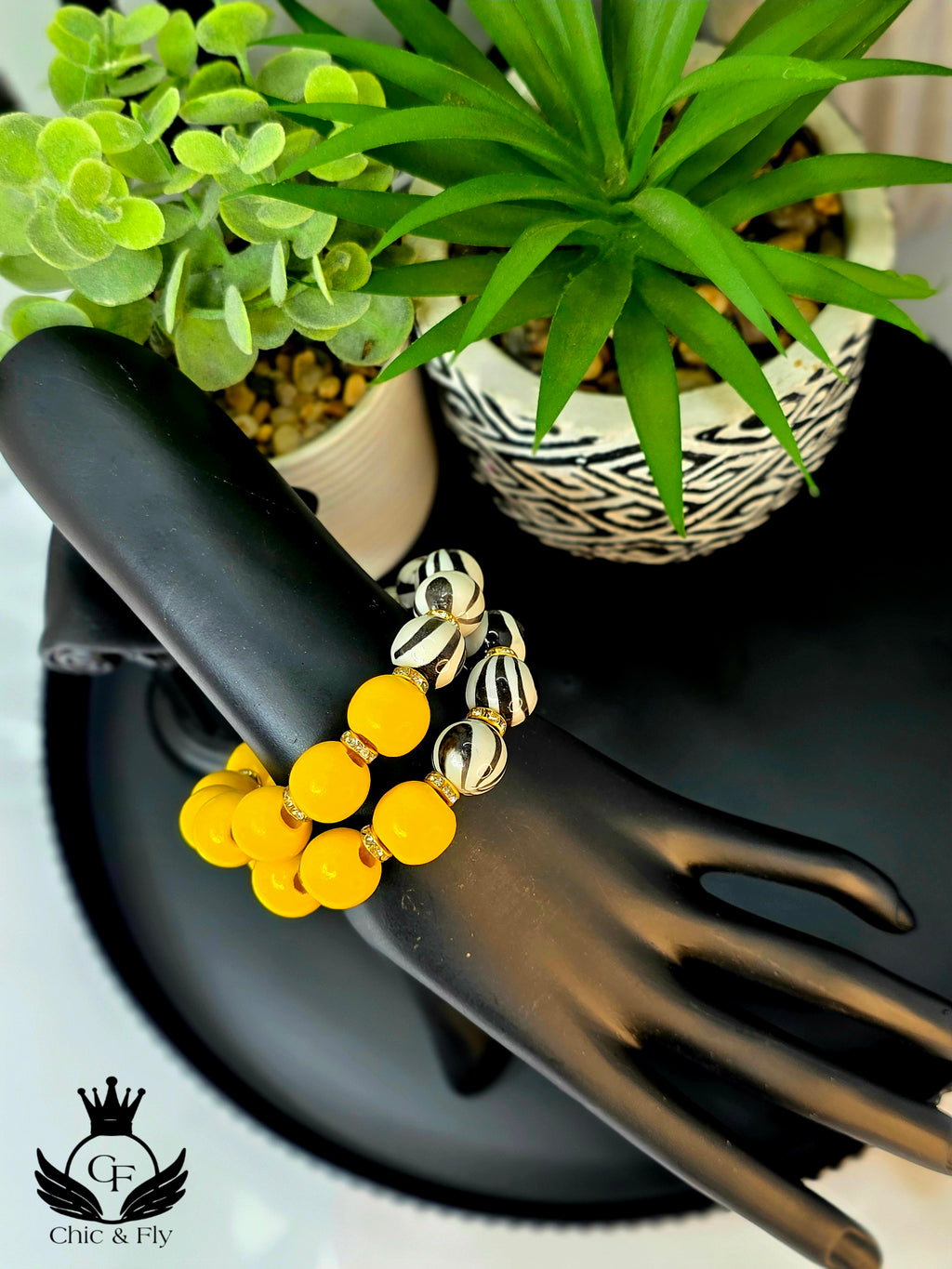 Black and Yellow Hand Painted Beaded Bracelet, Colorful Artisan Statement Jewelry Gift