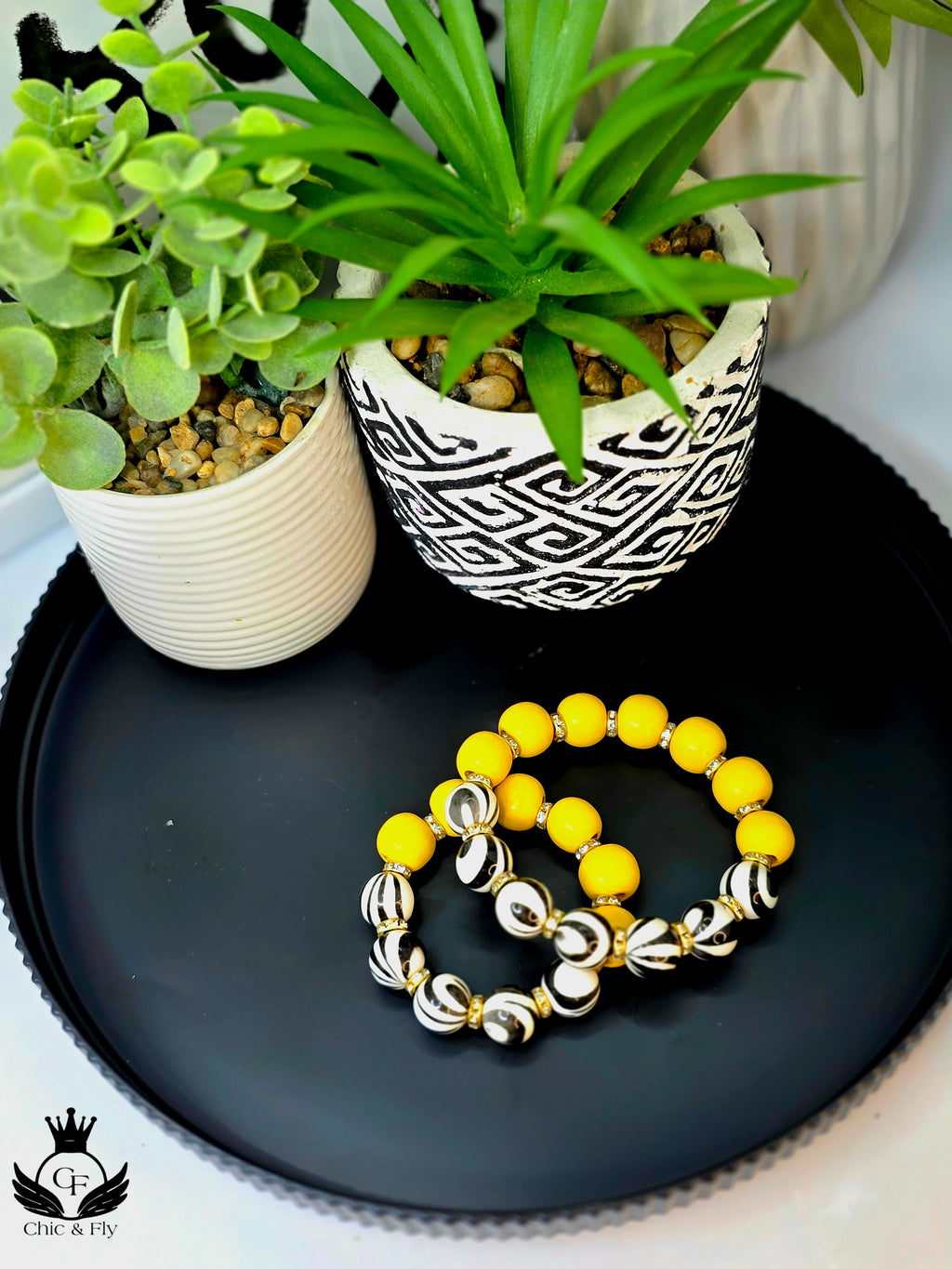 Black and Yellow Hand Painted Beaded Bracelet, Colorful Artisan Statement Jewelry Gift