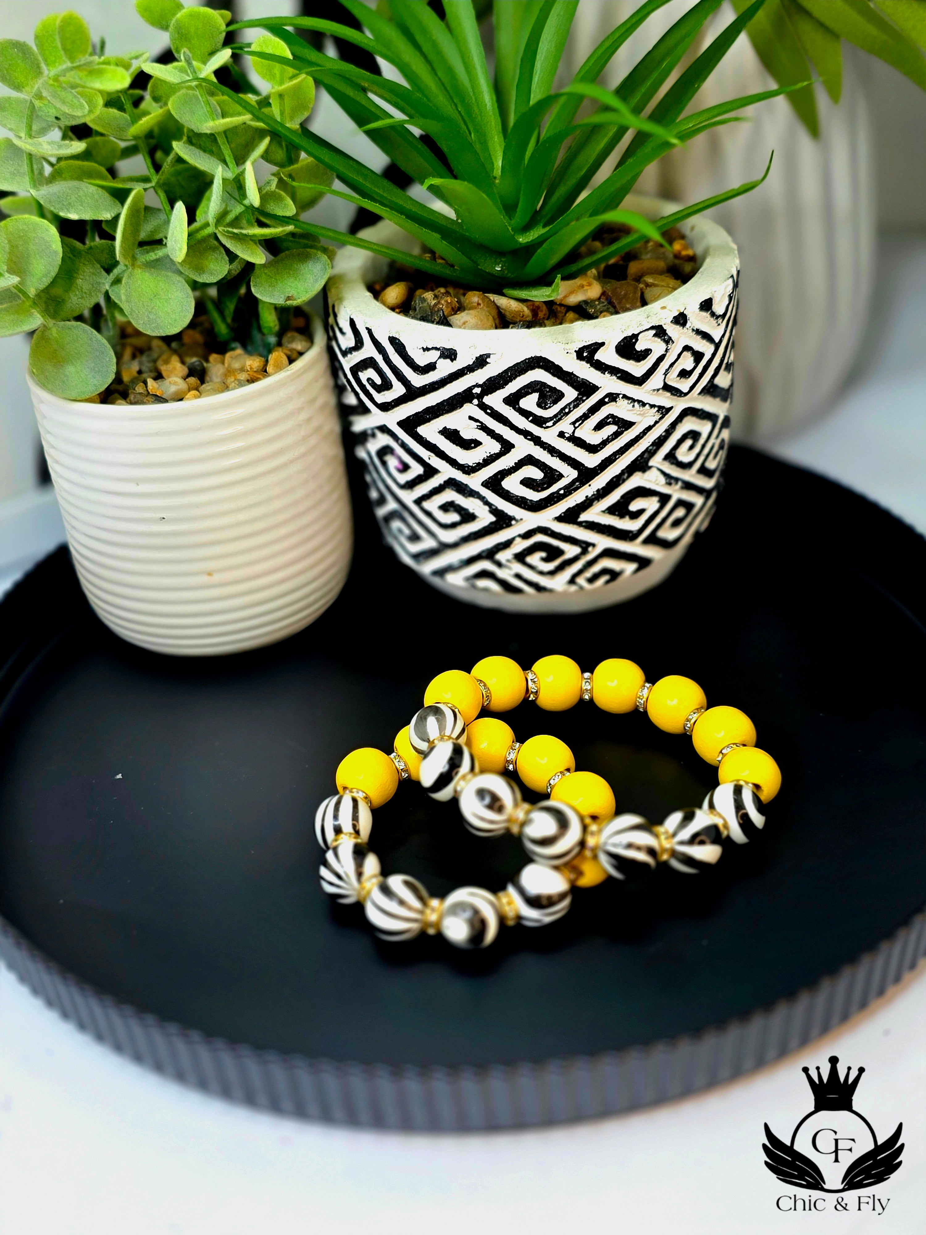 Black and Yellow Hand Painted Beaded Bracelet, Colorful Artisan Statement Jewelry Gift