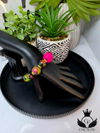 Pink and Green Hand Painted Beaded Bracelet, Colorful Artisan Statement Jewelry Gift