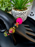 Pink and Green Hand Painted Beaded Bracelet, Colorful Artisan Statement Jewelry Gift