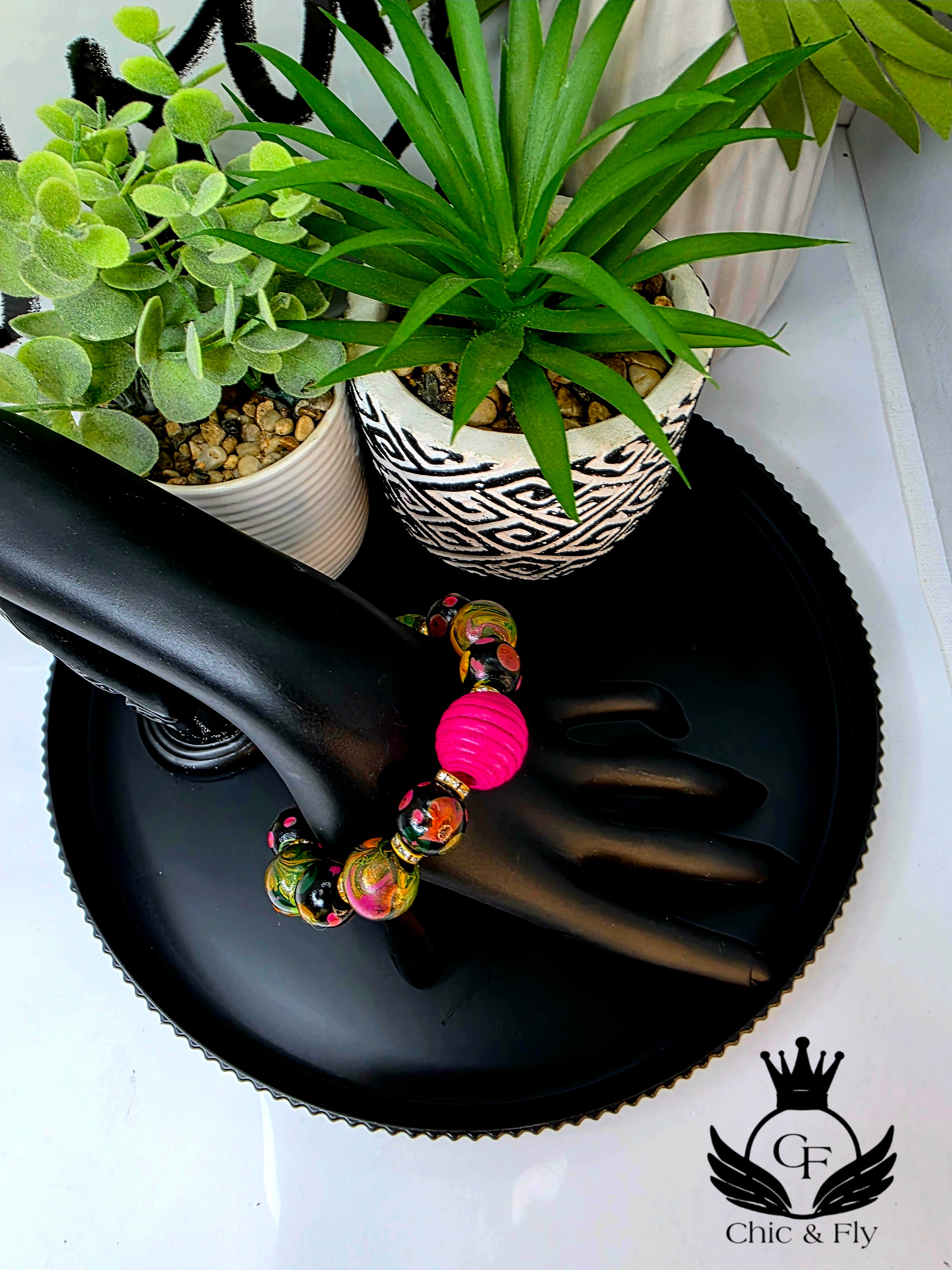 Pink and Green Hand Painted Beaded Bracelet, Colorful Artisan Statement Jewelry Gift