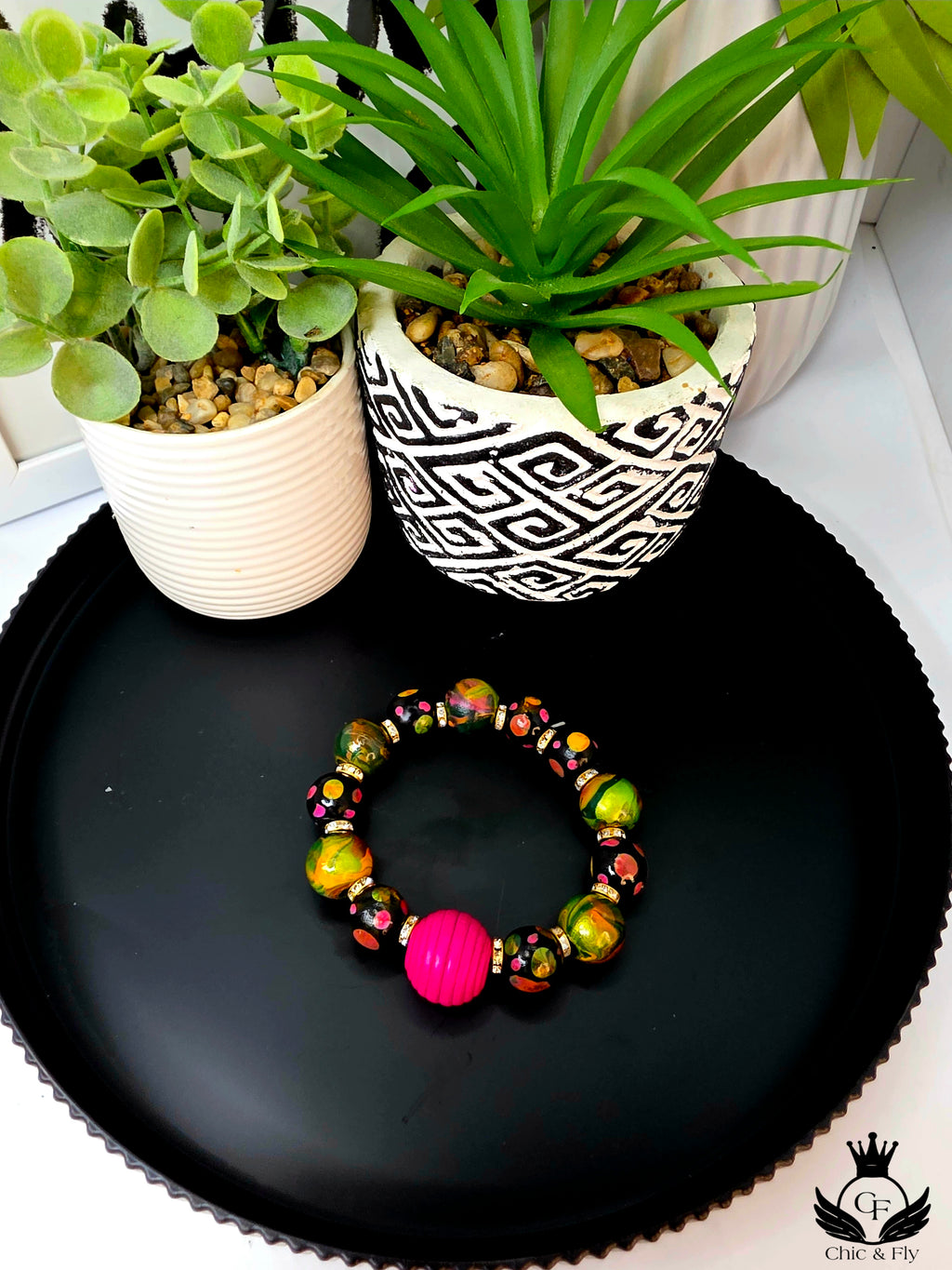 Pink and Green Hand Painted Beaded Bracelet, Colorful Artisan Statement Jewelry Gift