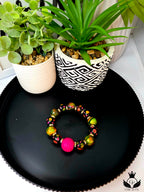 Pink and Green Hand Painted Beaded Bracelet, Colorful Artisan Statement Jewelry Gift