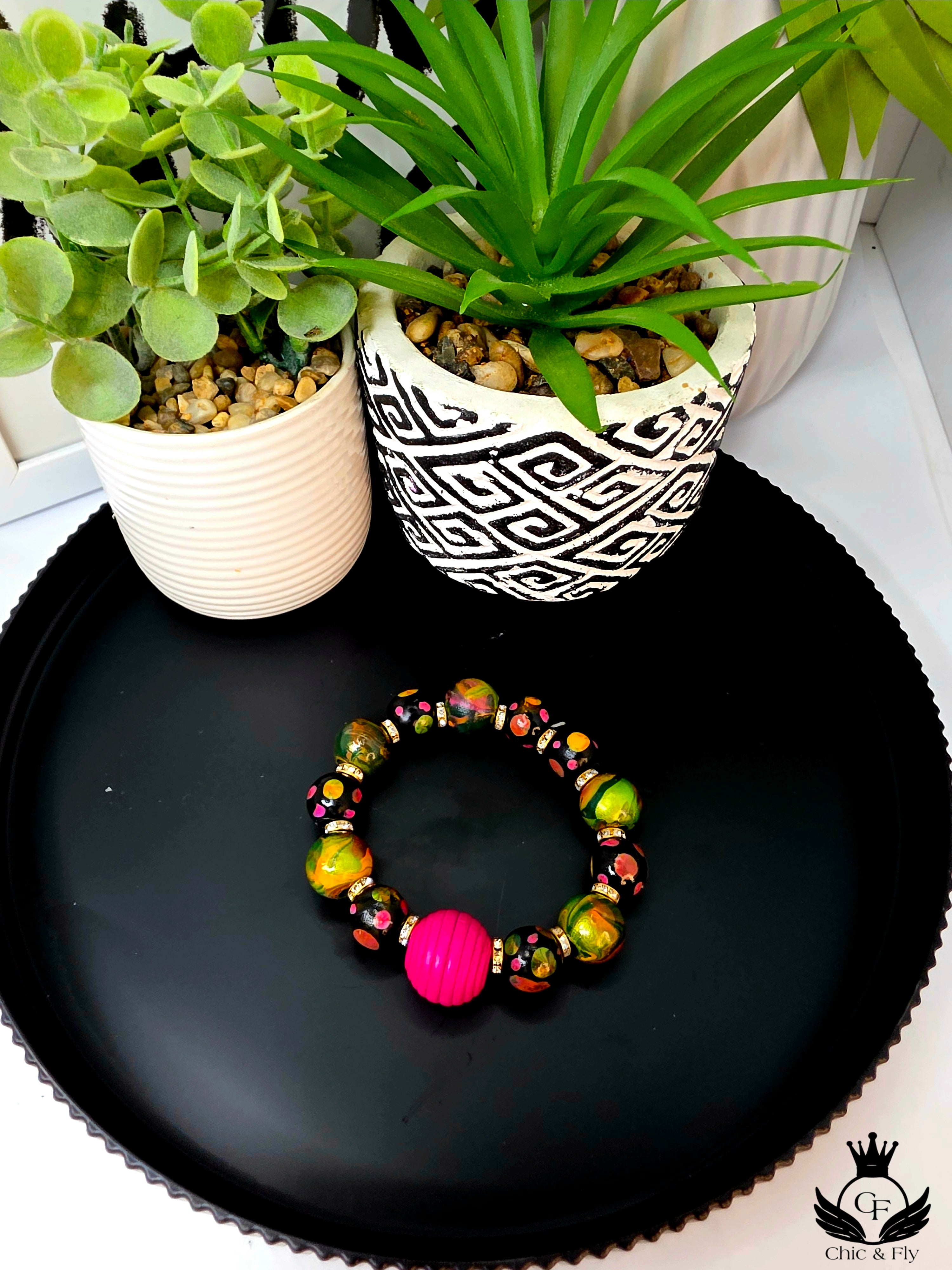 Pink and Green Hand Painted Beaded Bracelet, Colorful Artisan Statement Jewelry Gift
