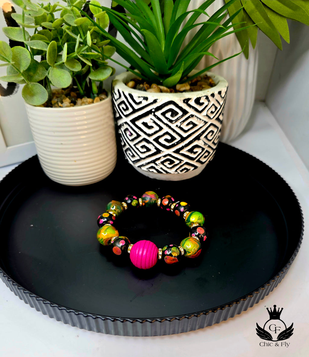 Pink and Green Hand Painted Beaded Bracelet, Colorful Artisan Statement Jewelry Gift