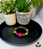 Pink and Green Hand Painted Beaded Bracelet, Colorful Artisan Statement Jewelry Gift