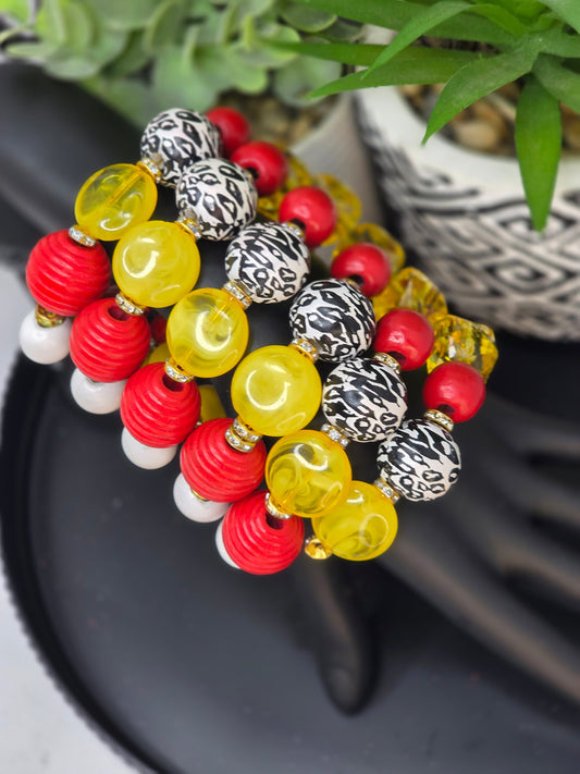 Ms.Mikki...Bold Safari Vibes Beaded Bracelet Stack – Red, Yellow, Black & White Statement Jewelry