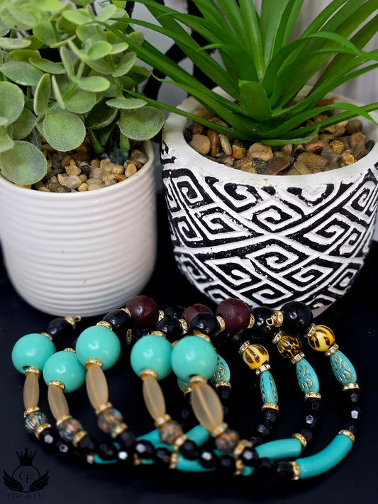 Ms.Stella... Beaded Bracelet Stack – Aqua, Gold, Black & Brown Statement Jewelry