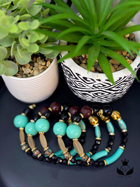 Ms.Stella... Beaded Bracelet Stack – Aqua, Gold, Black & Brown Statement Jewelry