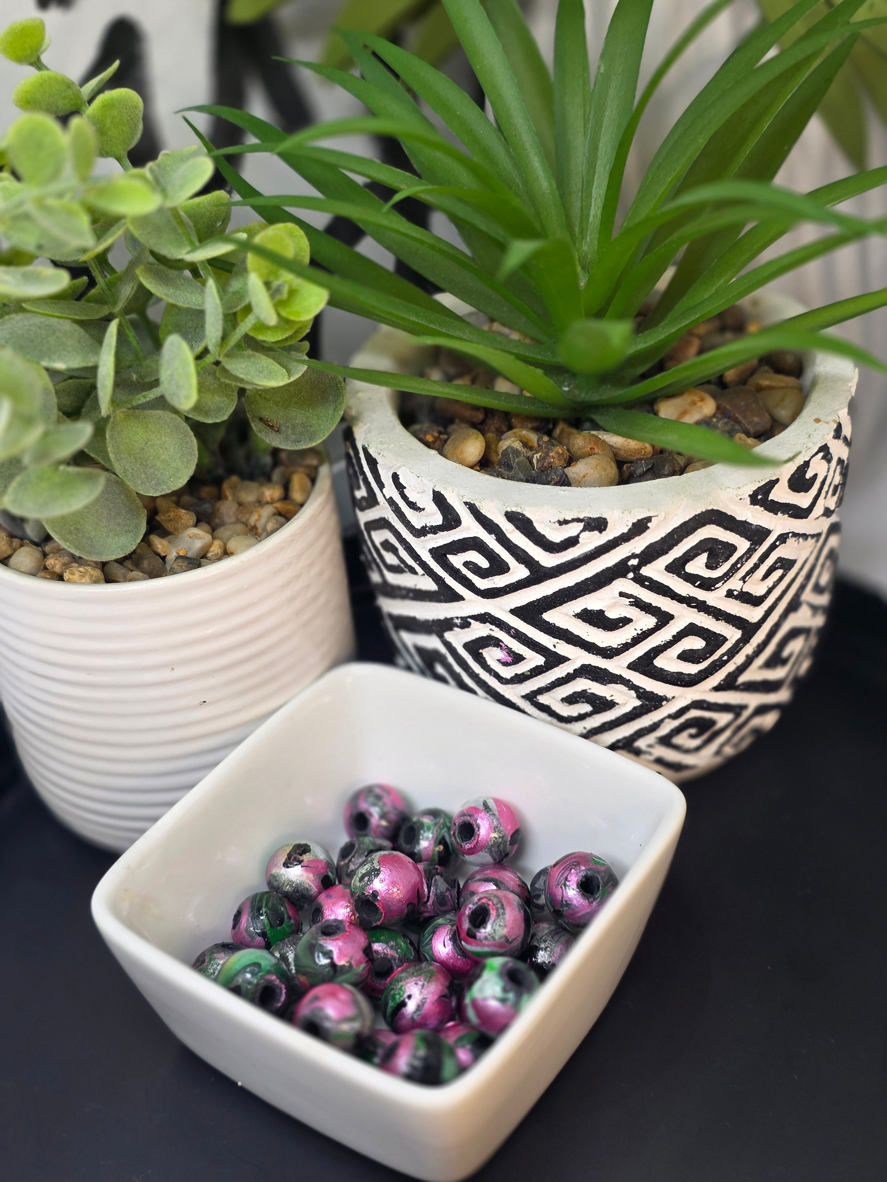 Hand Painted Marble Wooden Beads - Hot Pink, Silver, Green, Black (12 Pack)