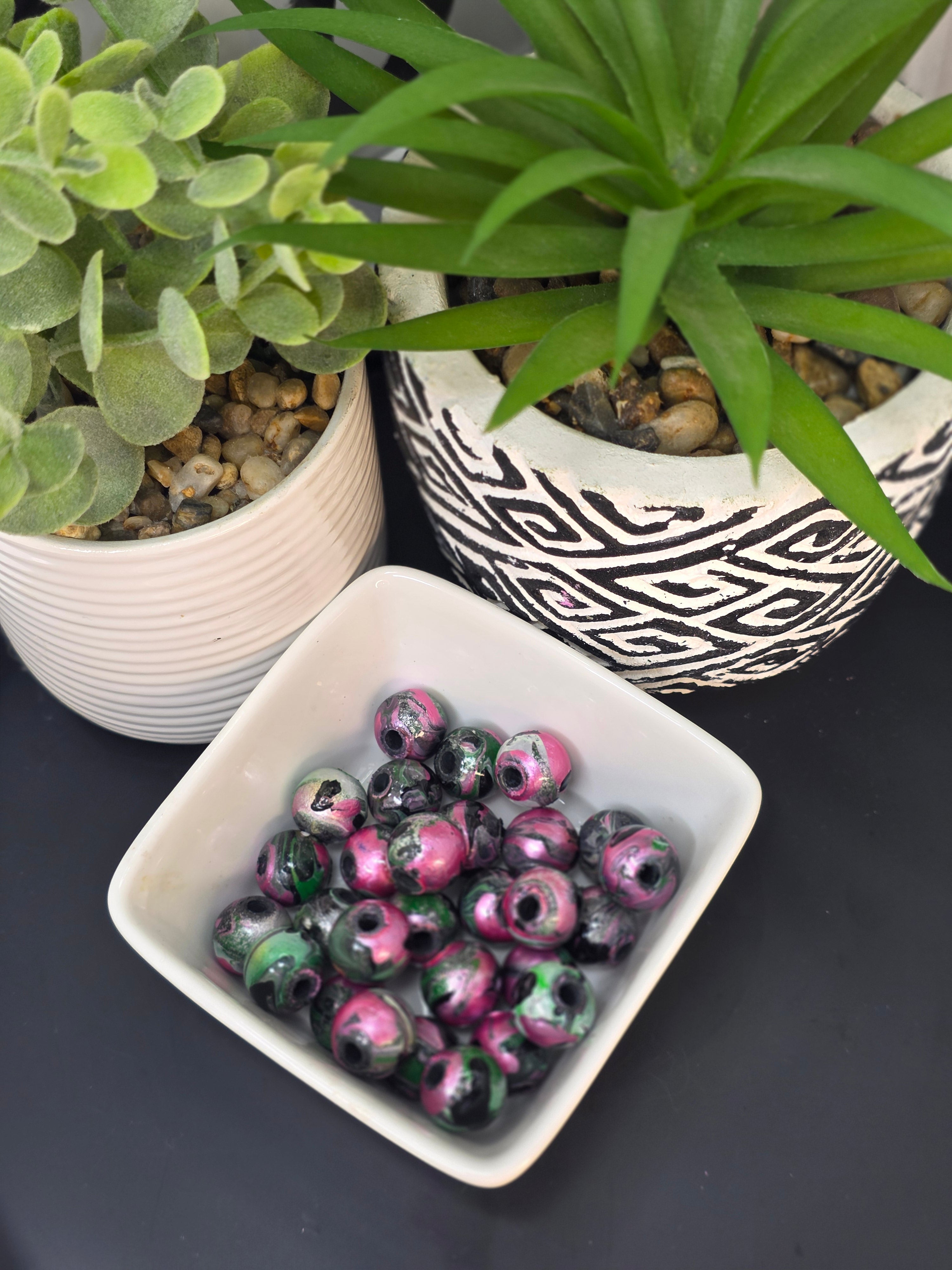 Hand Painted Marble Wooden Beads - Hot Pink, Silver, Green, Black (12 Pack)