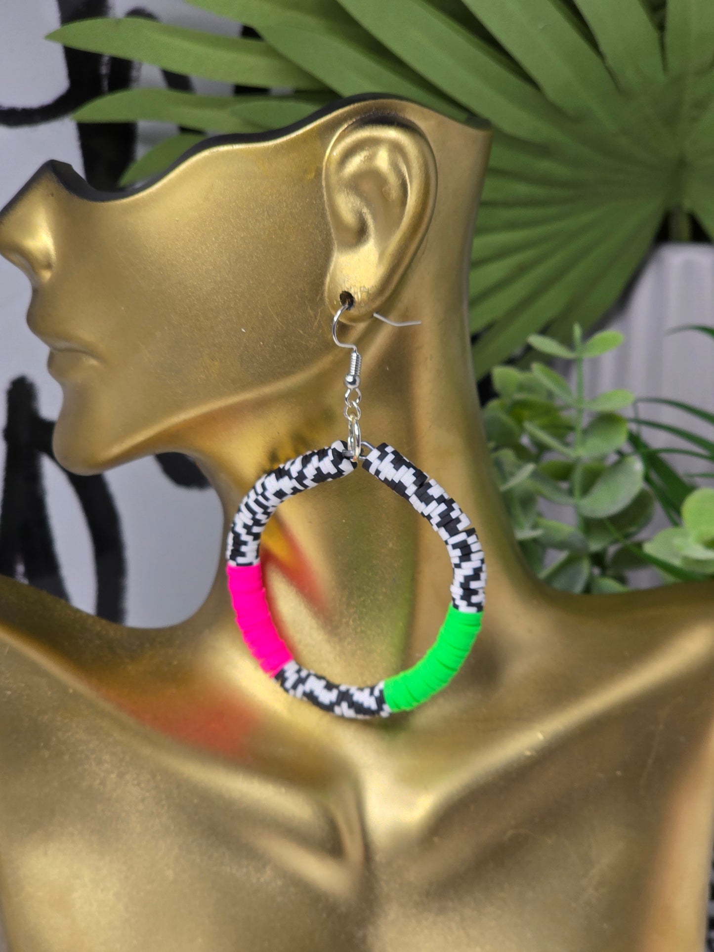 Pink, Green and Black and White Hoop Earrings Lightweight, Bold & Statement-Making