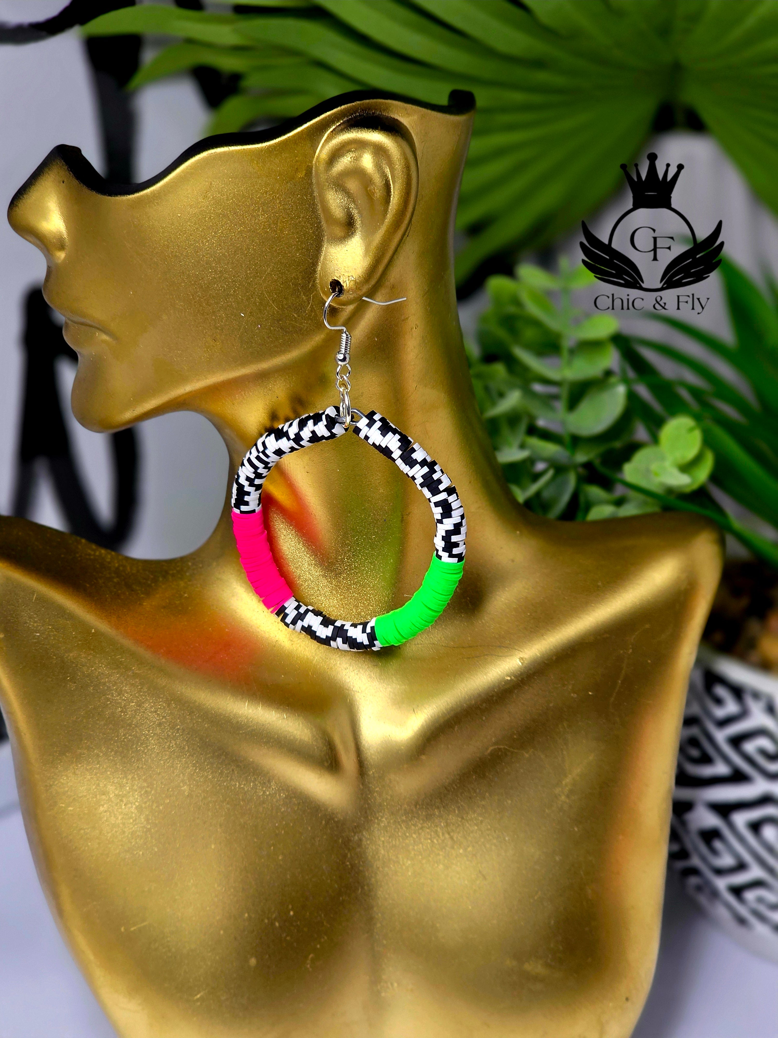 Pink, Green and Black and White Hoop Earrings Lightweight, Bold & Statement-Making