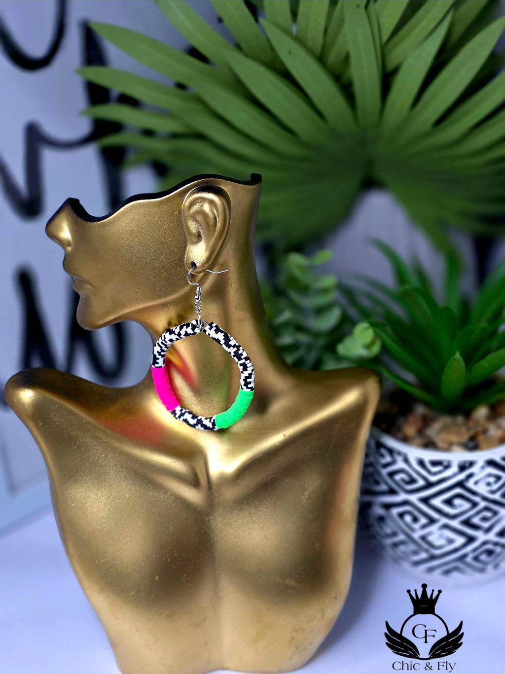 Pink, Green and Black and White Hoop Earrings Lightweight, Bold & Statement-Making