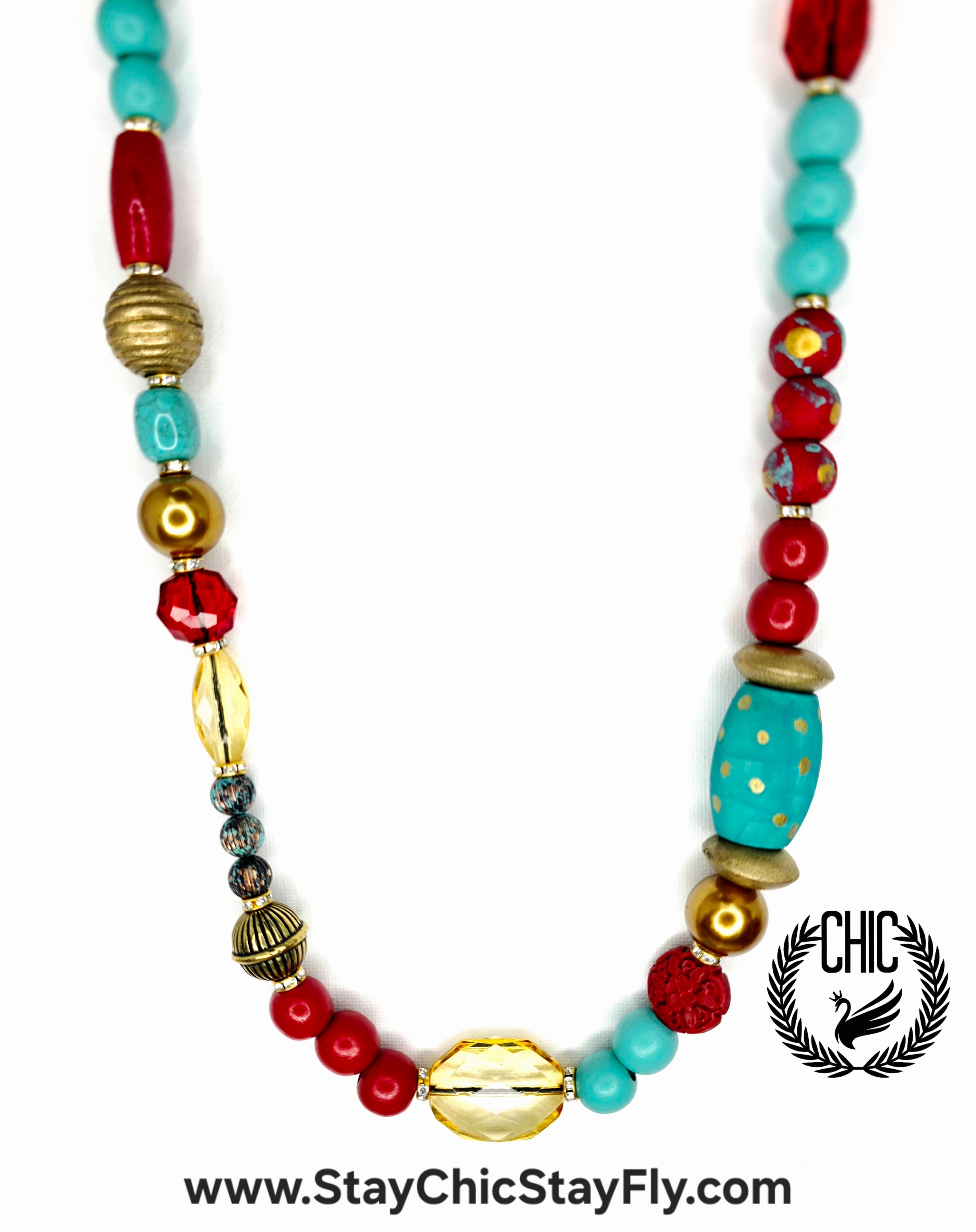Colorful Beaded Statement Necklace, Red Turquoise Gold Chunky Jewelry Gift