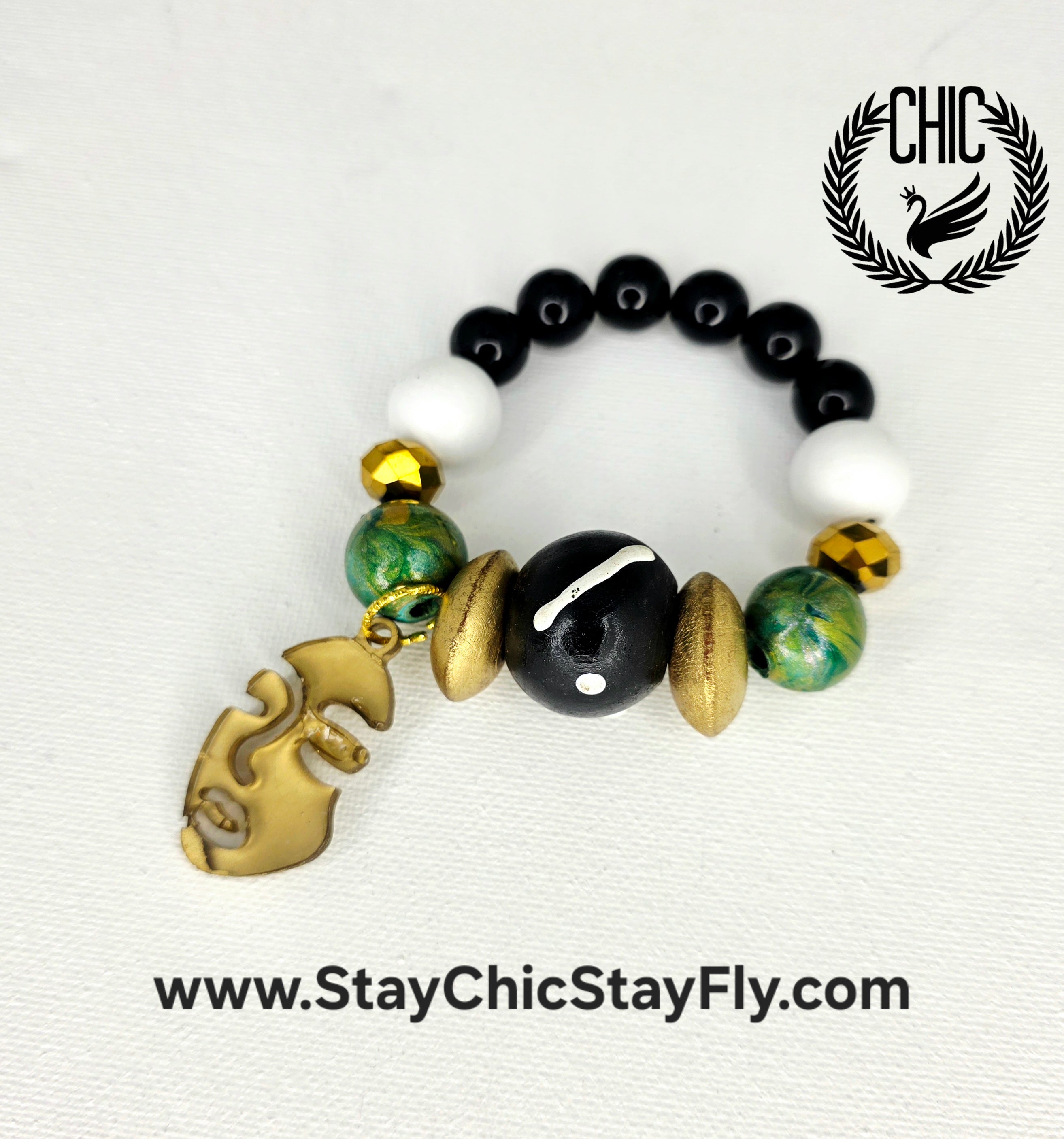 Black Gold and Green Hand Painted Beaded Bracelet, Colorful Artisan Statement Jewelry Gift