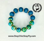 Turquoise and Metallic Green Hand Painted Beaded Bracelet, Colorful Artisan Statement Jewelry Gift