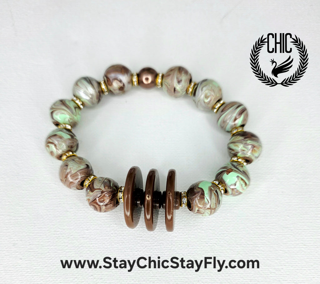 Mint and Green Hand Painted Beaded Bracelet, Colorful Artisan Statement Jewelry Gift (Copy)