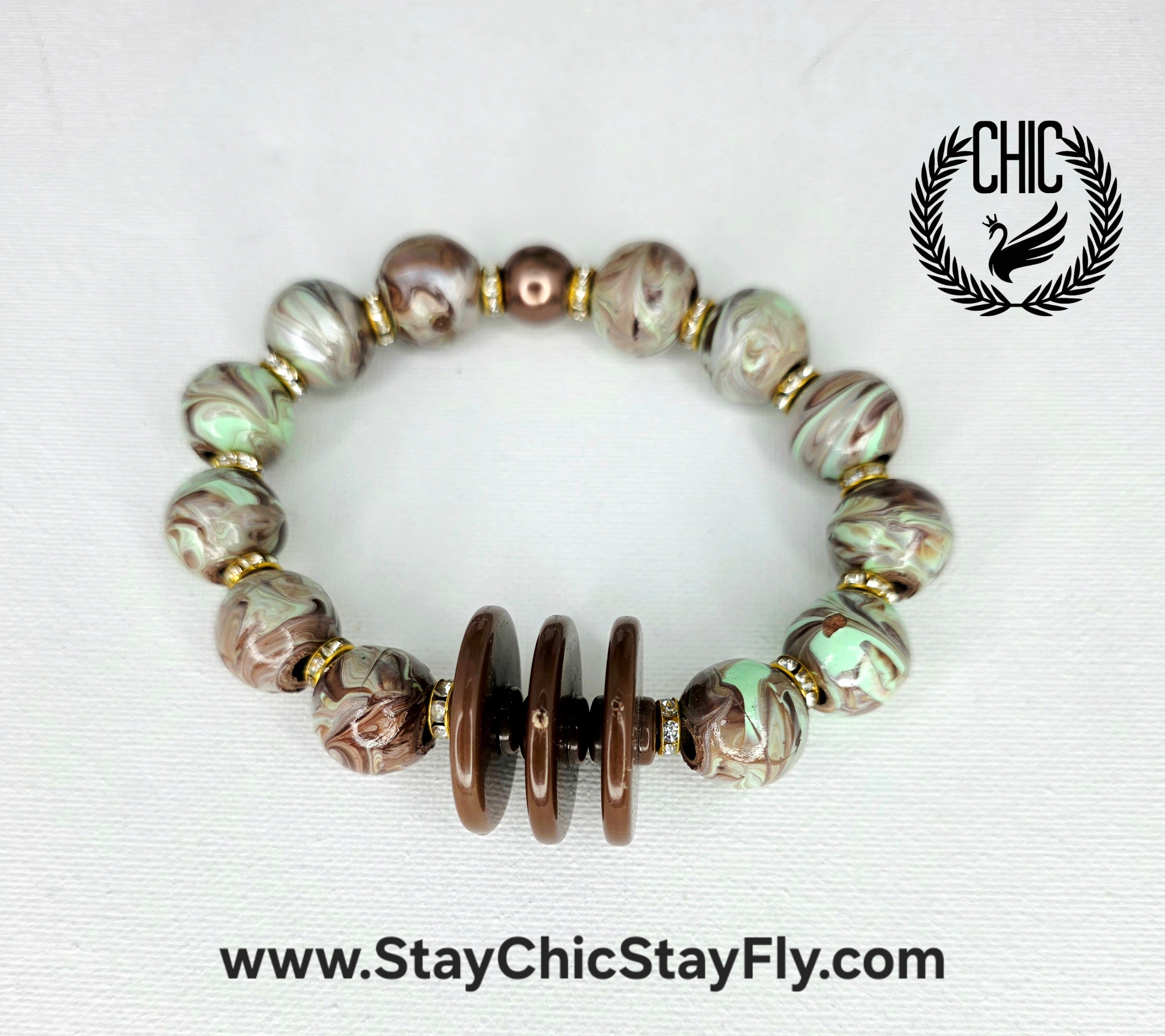 Mint and Green Hand Painted Beaded Bracelet, Colorful Artisan Statement Jewelry Gift (Copy)