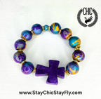 Turquoise Gold and Deep Purple  Hand Painted Beaded Bracelet, Colorful Artisan Statement Jewelry Gift