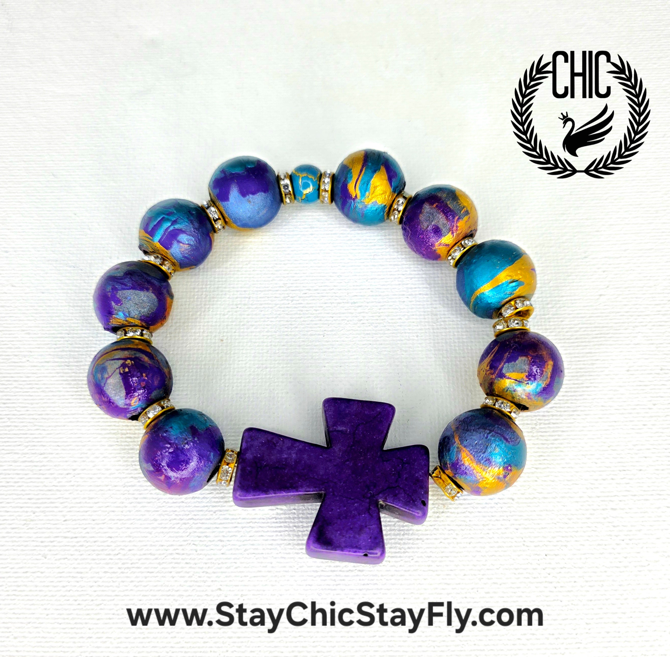 Turquoise Gold and Deep Purple  Hand Painted Beaded Bracelet, Colorful Artisan Statement Jewelry Gift