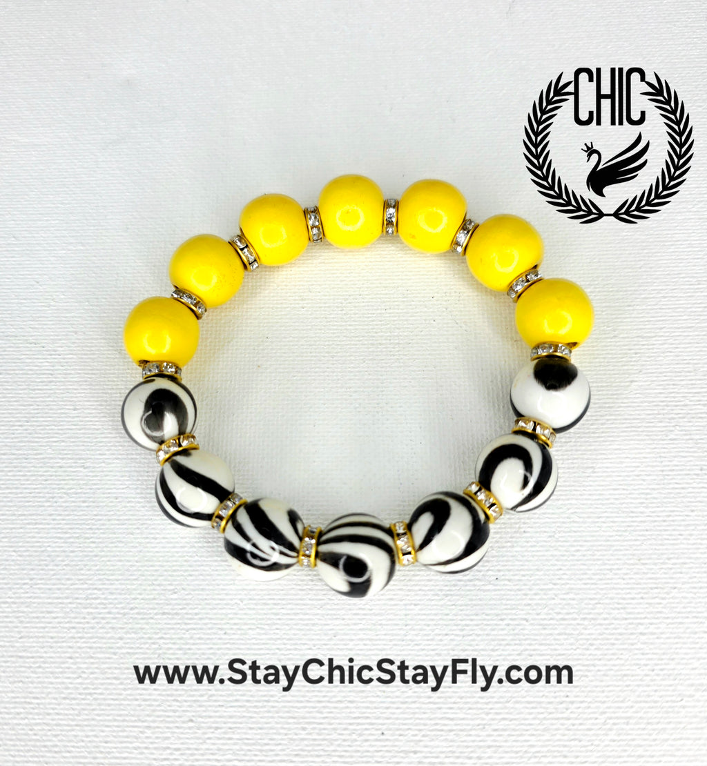 Black and Yellow Hand Painted Beaded Bracelet, Colorful Artisan Statement Jewelry Gift