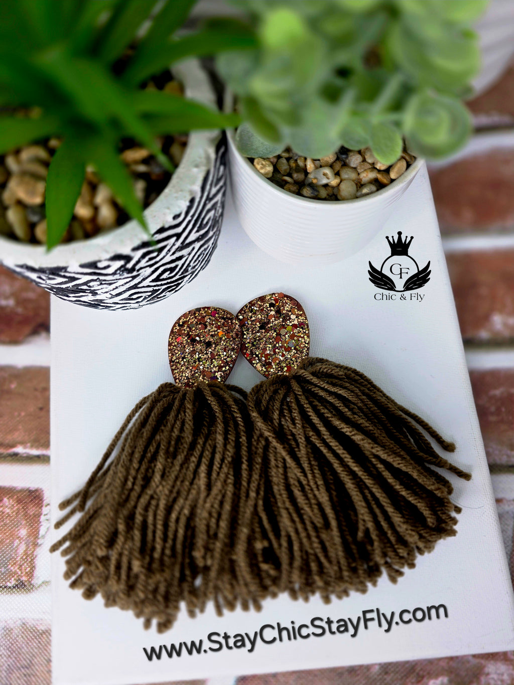 Hand Painted Brown Gold Glitter Fringe Earrings, Bold Statement Jewelry