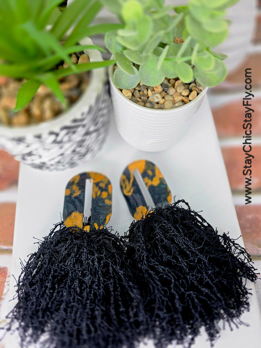 Hand Painted Black Gold Fringe Earrings, Bold Statement Jewelry