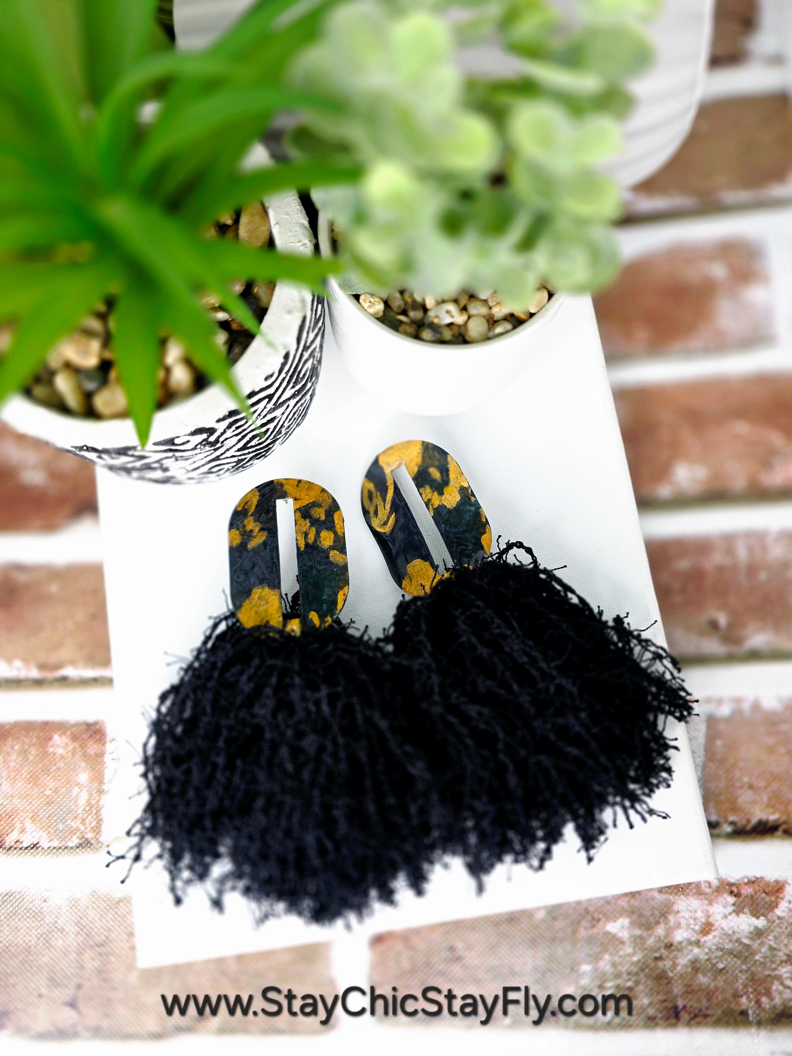 Hand Painted Black Gold Fringe Earrings, Bold Statement Jewelry