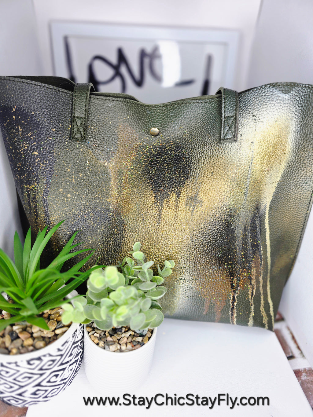 Ms.Camilla Olive Green Black and Gold Spacious Faux Leather Tote