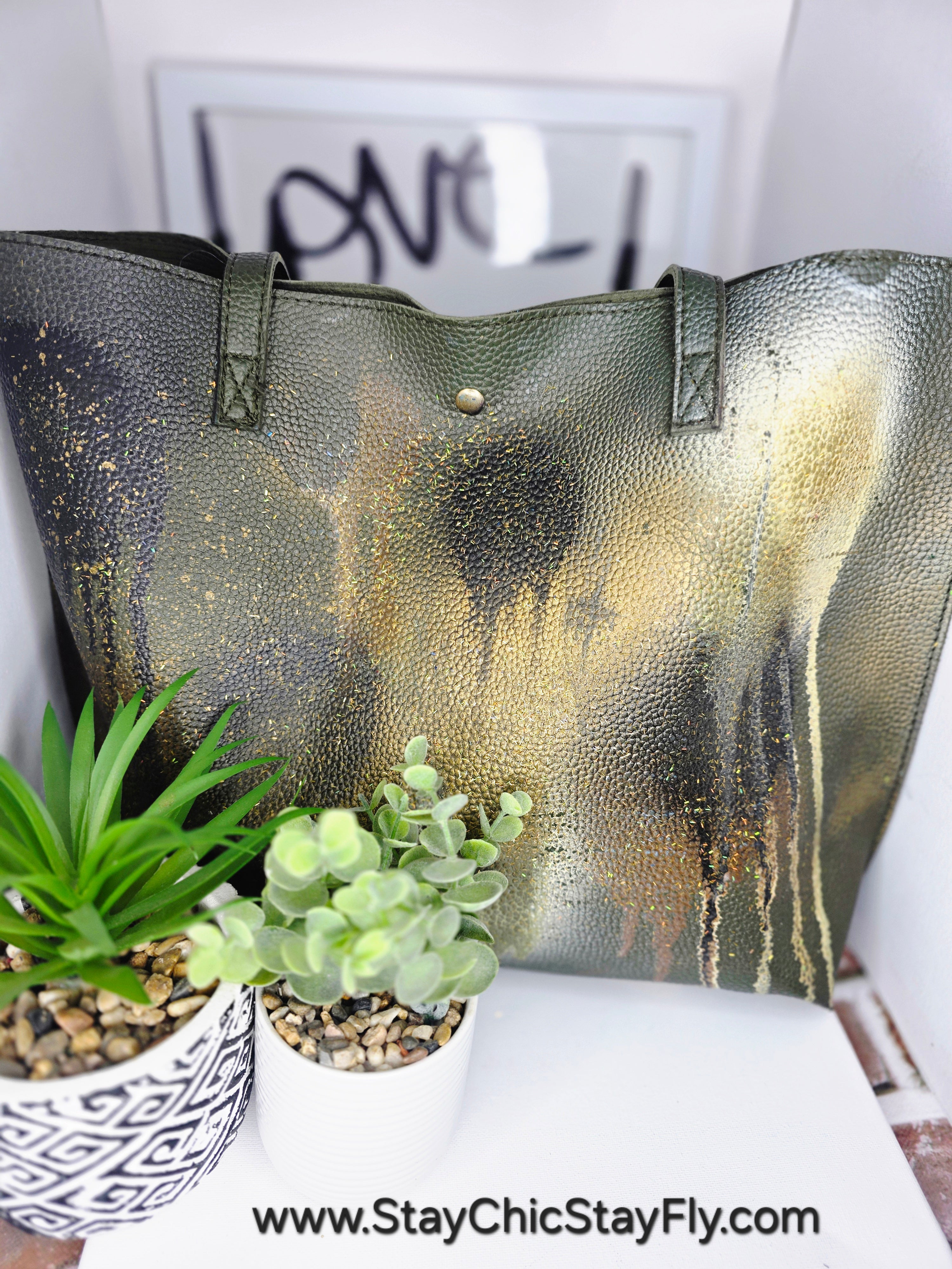 Ms.Camilla Olive Green Black and Gold Spacious Faux Leather Tote