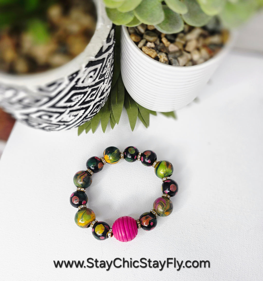 Pink and Green Hand Painted Beaded Bracelet, Colorful Artisan Statement Jewelry Gift