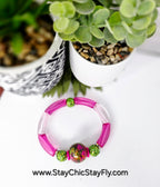 Pink and Green Hand Painted Beaded Bracelet, Colorful Artisan Statement Jewelry Gift (Copy)