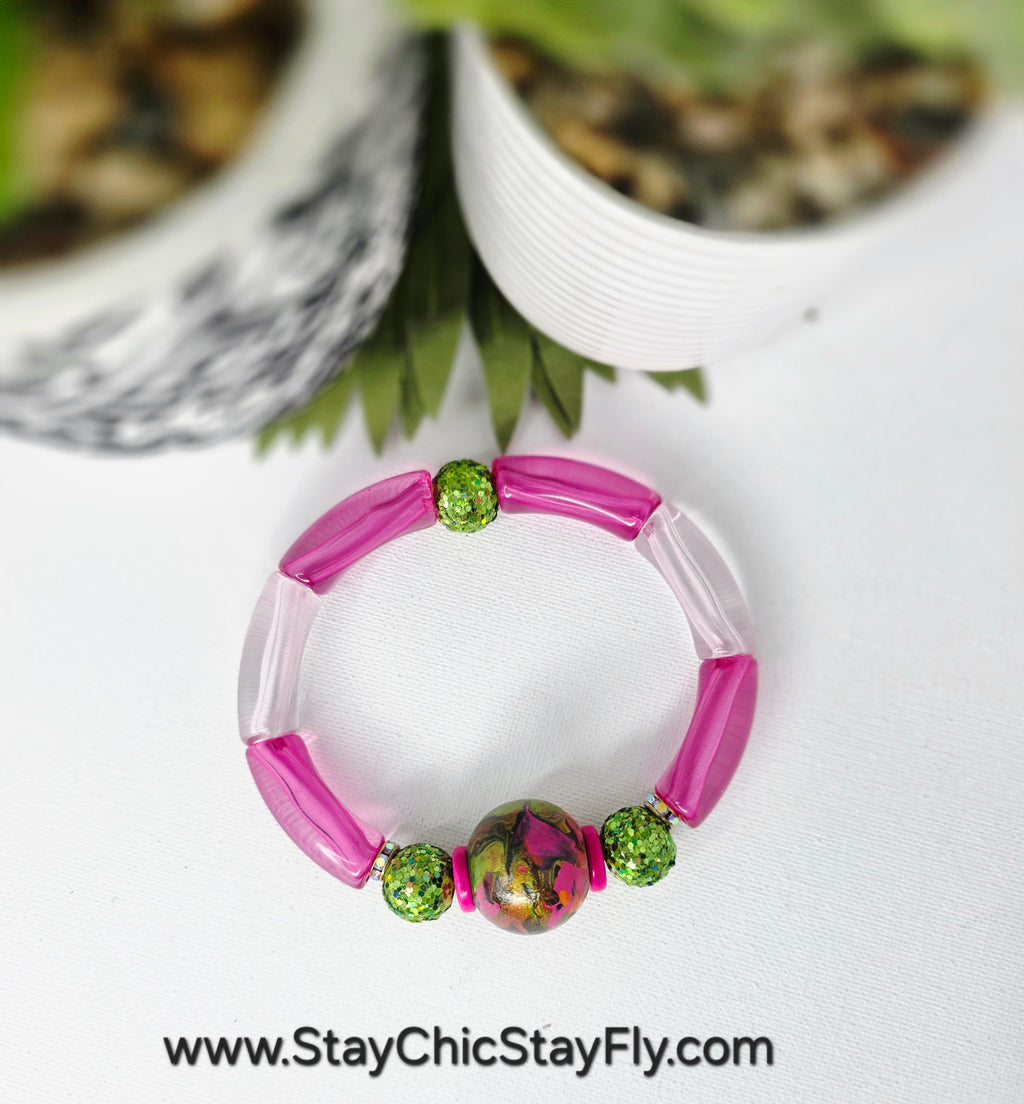 Pink and Green Hand Painted Beaded Bracelet, Colorful Artisan Statement Jewelry Gift (Copy)