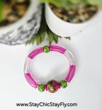 Pink and Green Hand Painted Beaded Bracelet, Colorful Artisan Statement Jewelry Gift (Copy)