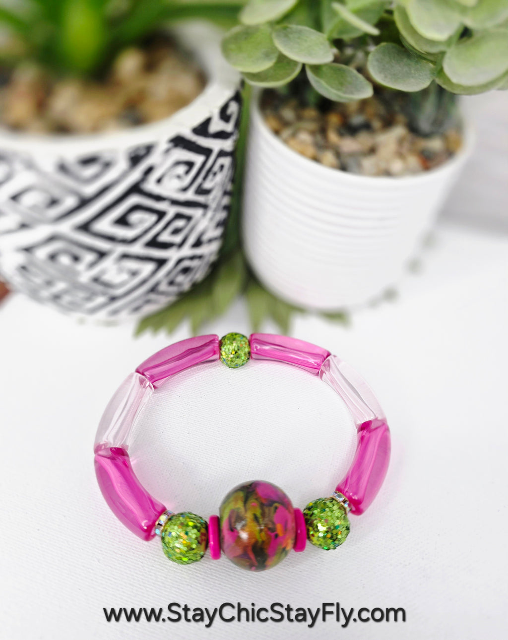 Pink and Green Hand Painted Beaded Bracelet, Colorful Artisan Statement Jewelry Gift (Copy)