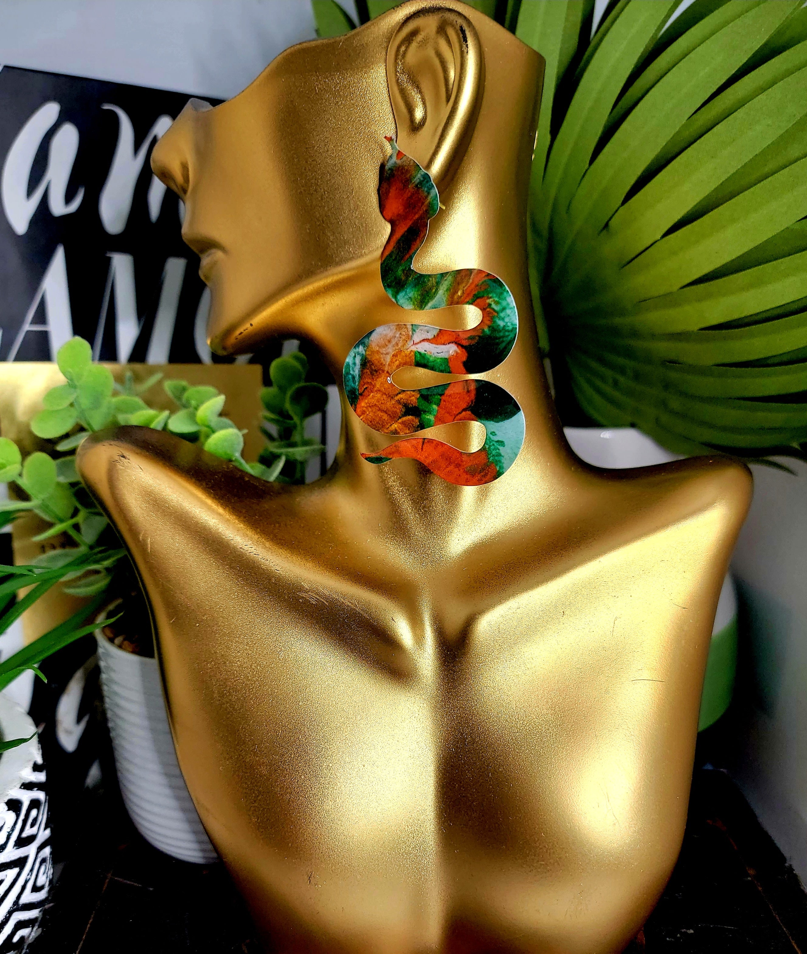 Ms. Venom Orange Green and Pearl White Fashion Earrings by Chic and Fly image 0