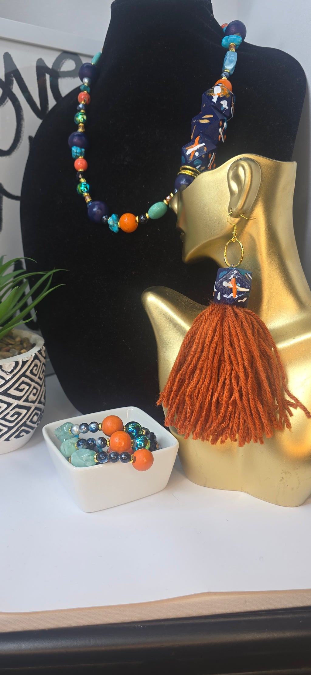 Ms. Nina Necklace, Navy Blue,  Orange, Turqouise, White and Gold   image 7