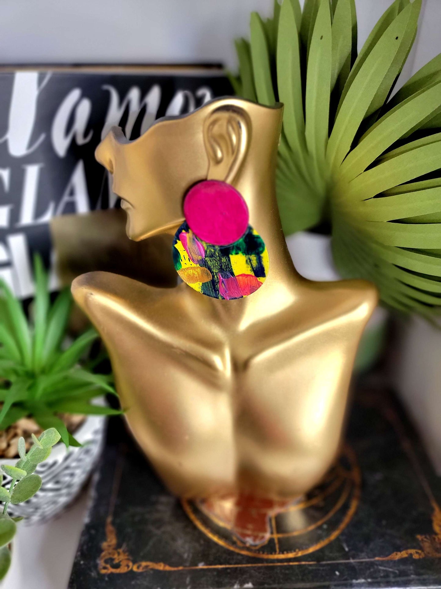 Ms.Yeonda Hot Pink Yellow Navy Teal and Metallic Gold Fashion Earrings image 5