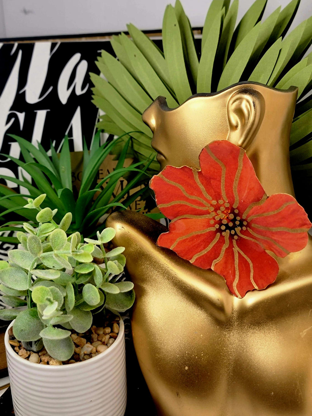 Ms. Hannah Floral Collection Red and Gold Stripe Hibiscus  Fashion Earrings  image 1