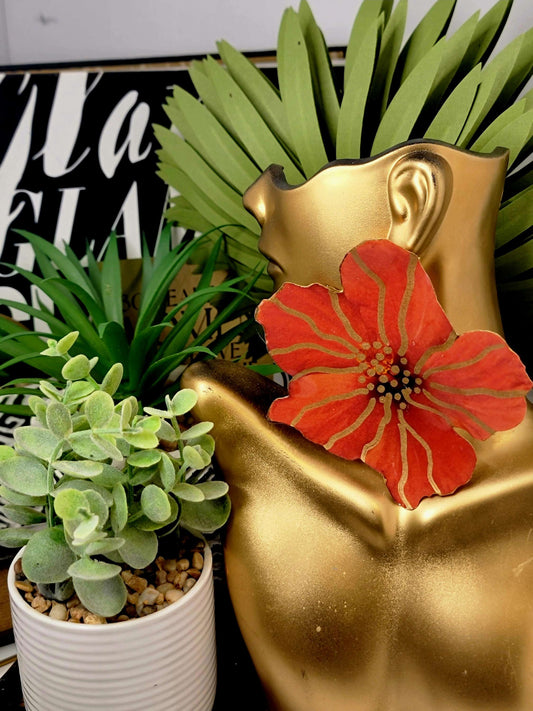 Ms. Hannah Floral Collection Red and Gold Stripe Hibiscus  Fashion Earrings  image 1