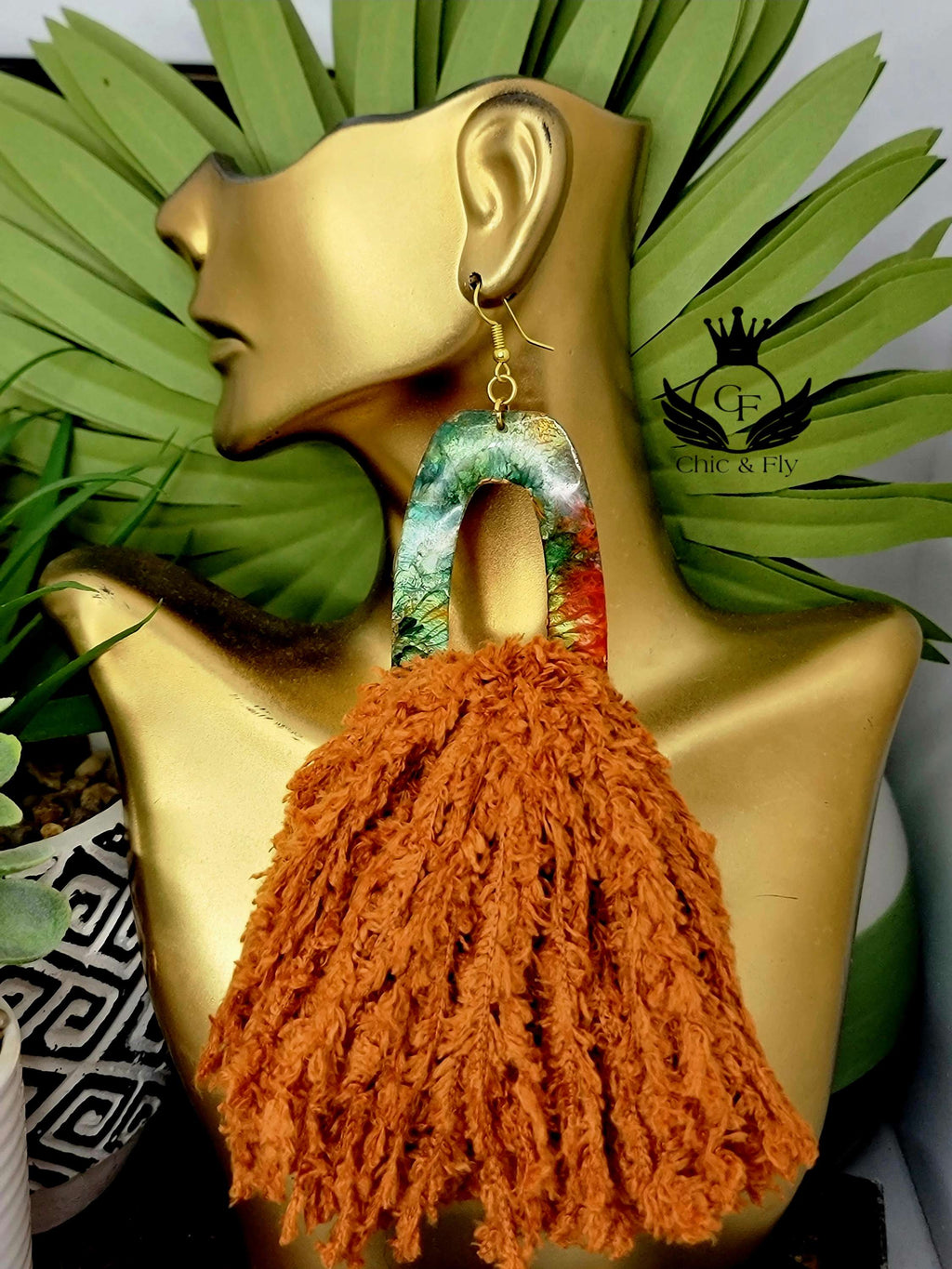 Ms. Okeke Rust Green Orange Bronze and Gold Tassel Earrings by Chic and Fly image 0
