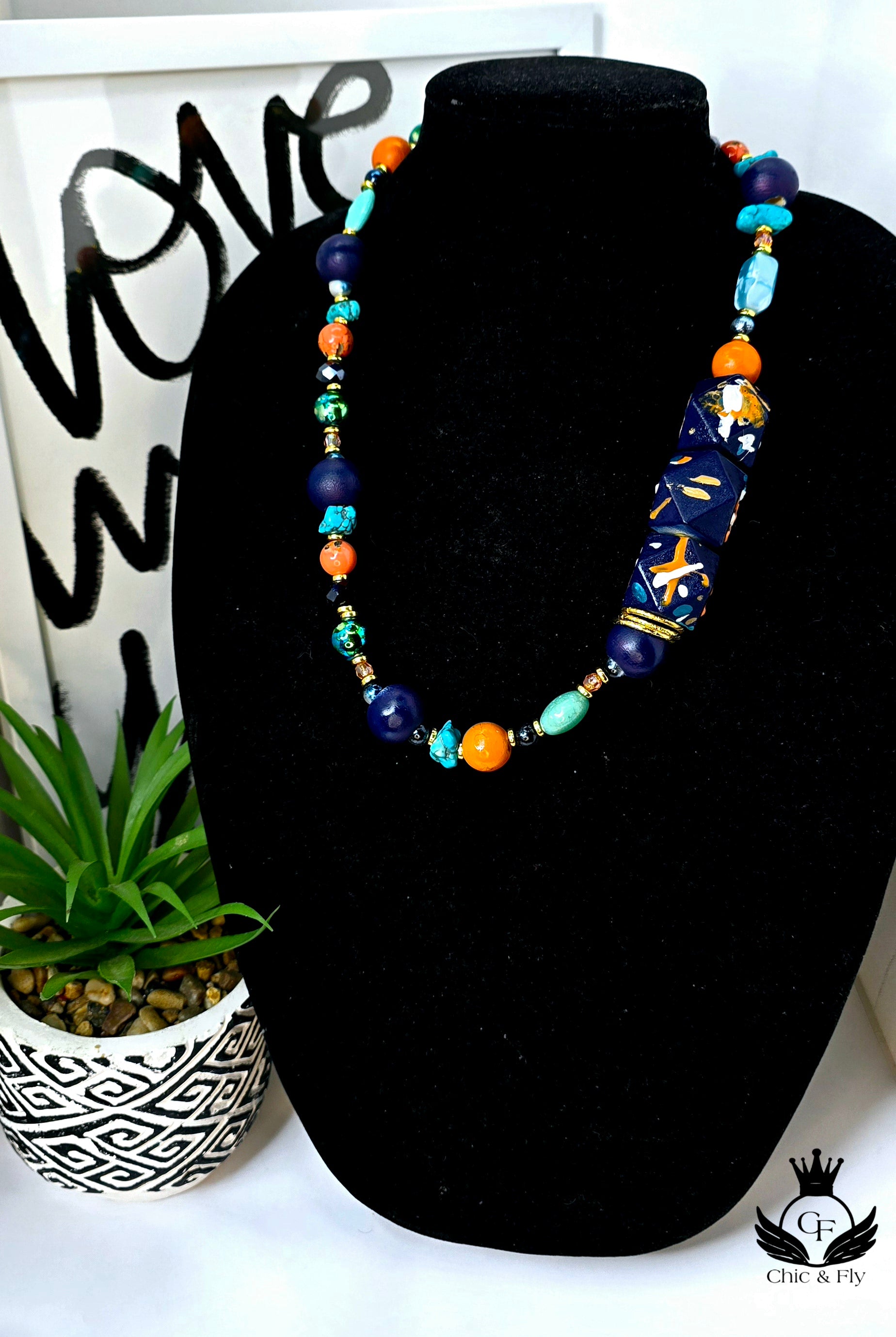 Ms. Nina Necklace, Navy Blue,  Orange, Turqouise, White and Gold   image 0