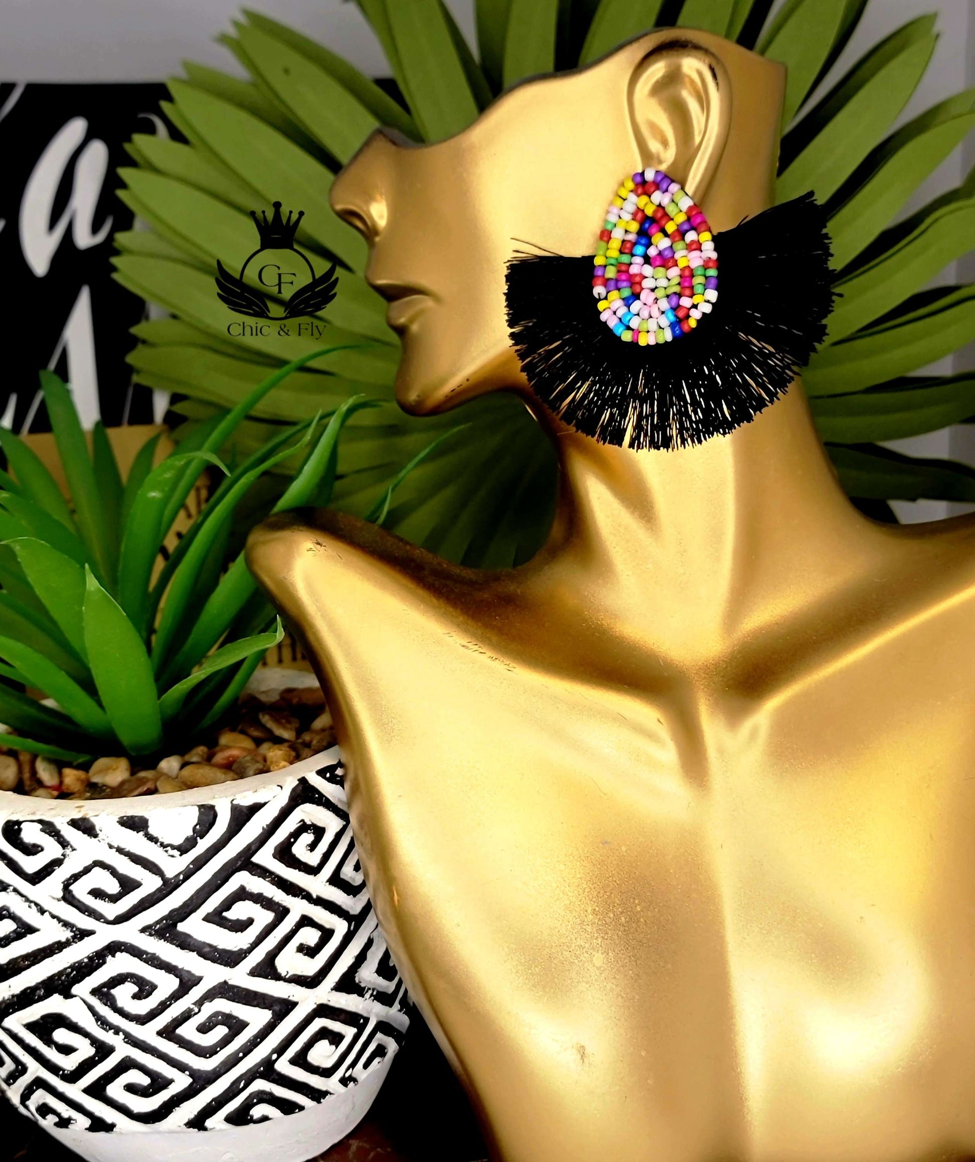 Ms. Maritza Black Beaded Fringe Statement Earrings image 0