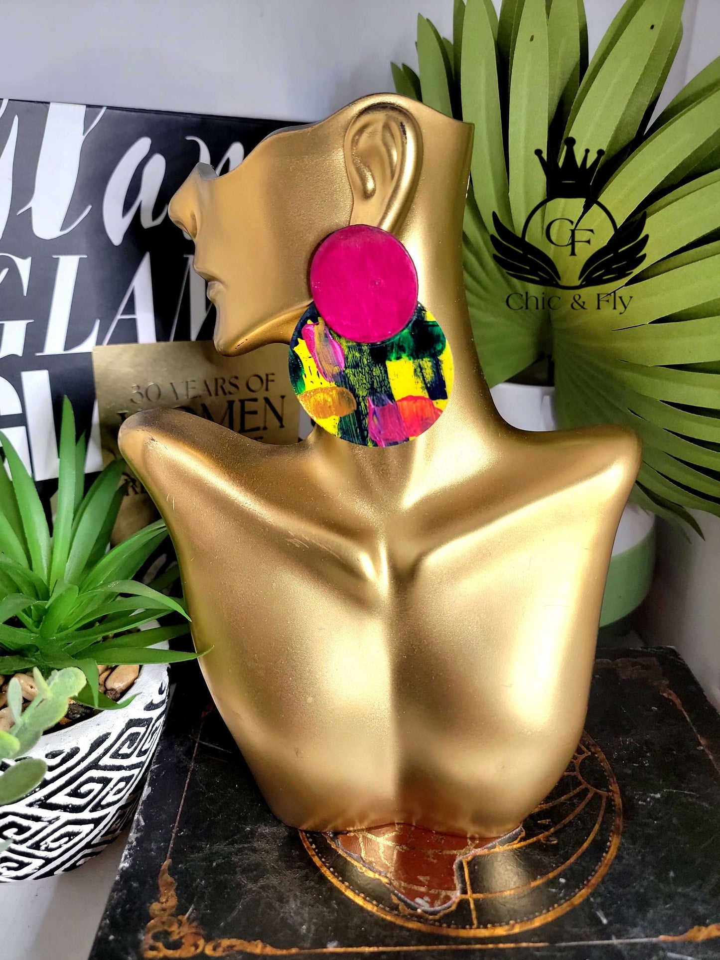 Ms.Yeonda Hot Pink Yellow Navy Teal and Metallic Gold Fashion Earrings image 3