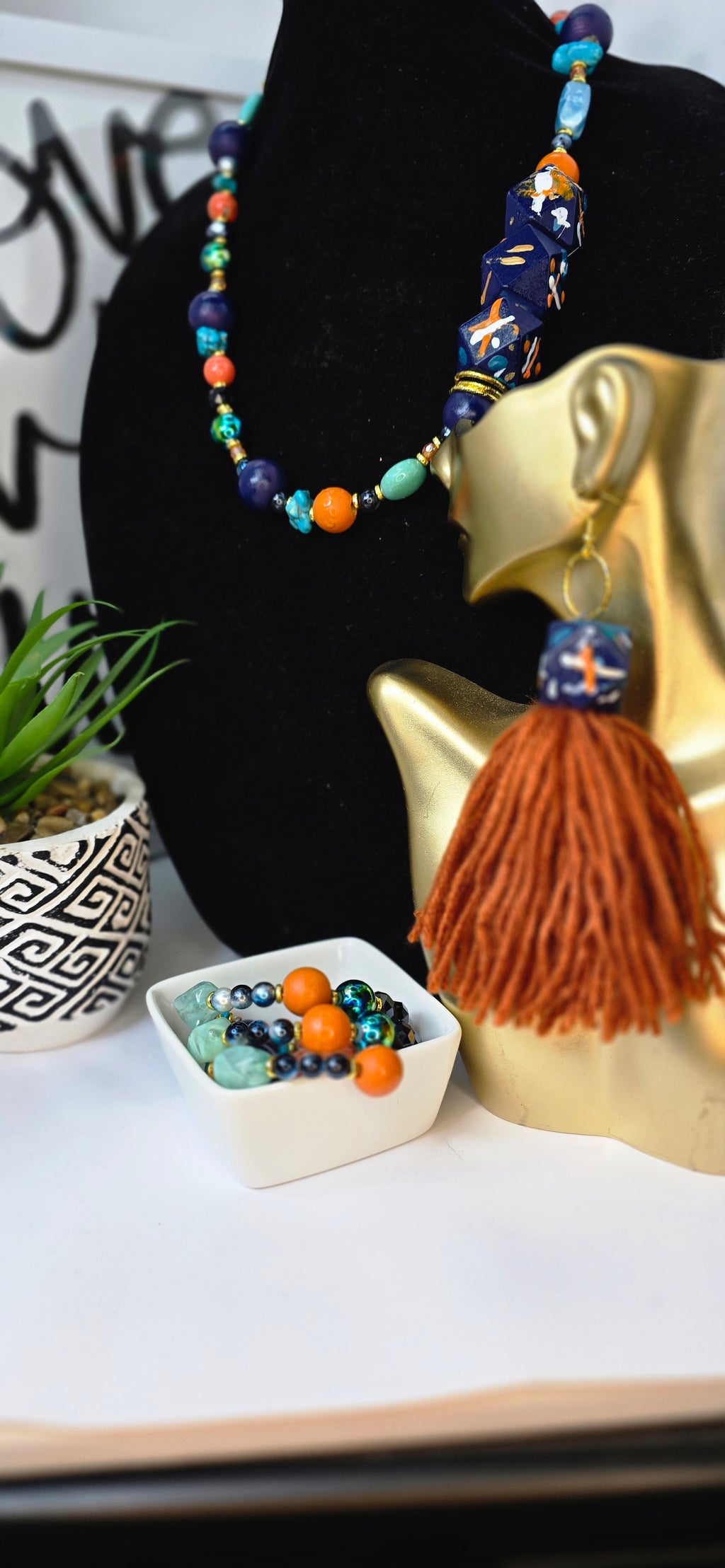 Ms. Nina Necklace, Navy Blue,  Orange, Turqouise, White and Gold   image 8