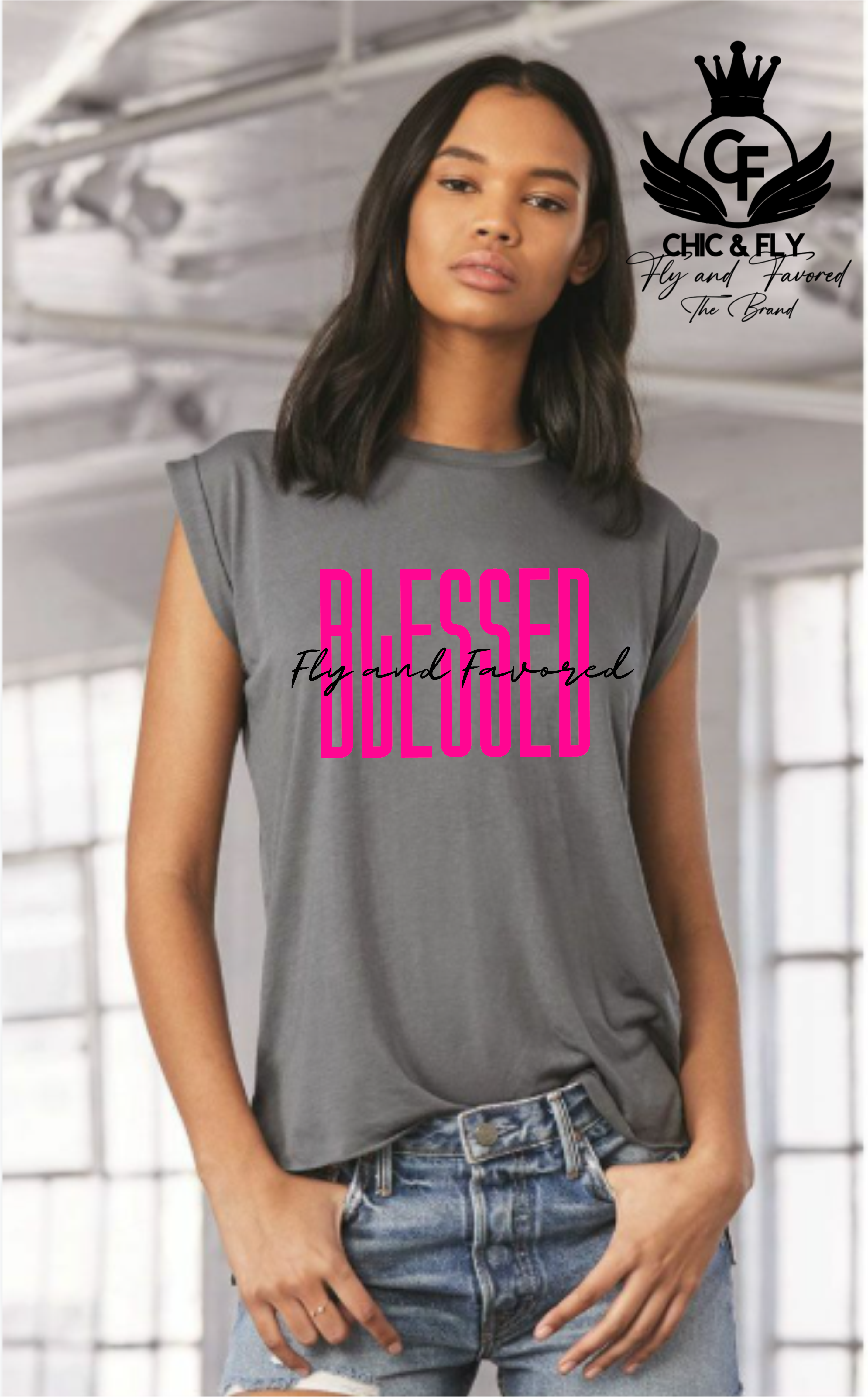 Blessed Fly and Favored Flowy Rolled Cuffs Christian Muscle Tee