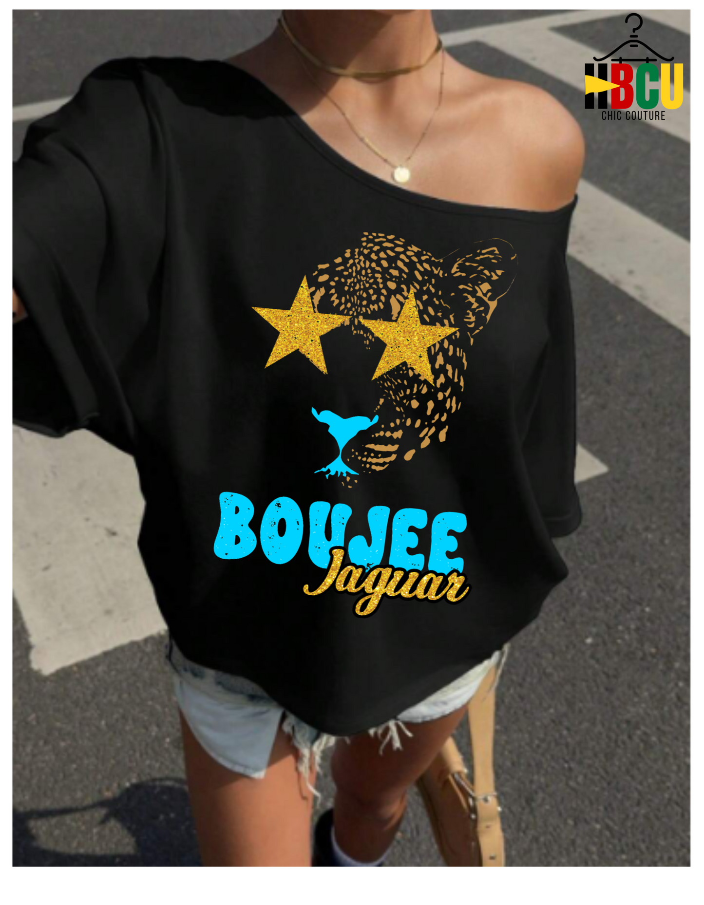 Southern University Boujee Jaguar...Cut Off Shoulder  Short Sleeve Sweatshirt