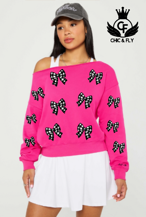 Checkered Bows Off-Shoulder Sweatshirt – Chic and Fly So Chic Tees